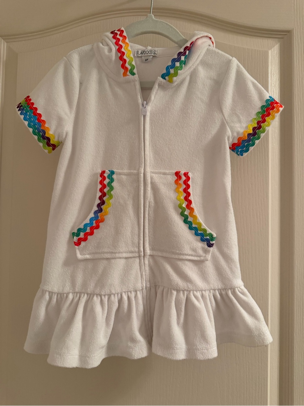 Flapdoodles White Hooded Zip Top with Rainbow Rickrack